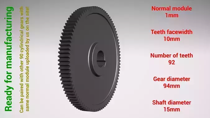 Cylindrical gear - paired - z92 m1 D94 d15 3D print model