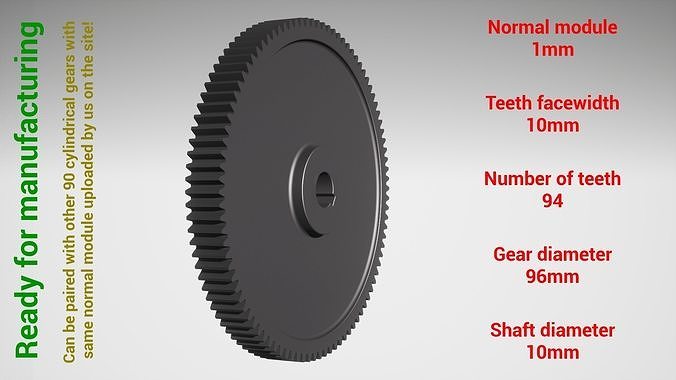 Cylindrical gear - paired - z94 m1 D96 d10 3D print model