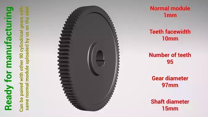 Cylindrical gear - paired - z95 m1 D97 d15 3D print model