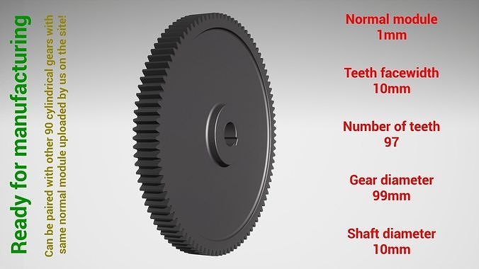 Cylindrical gear - paired - z97 m1 D99 d10 3D print model