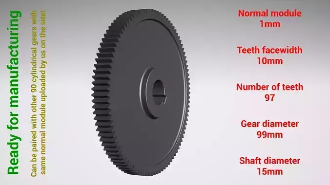 Cylindrical gear - paired - z97 m1 D99 d15 3D print model