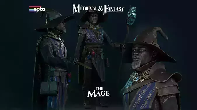The Mage wizard with hat and scythe Low-poly 3D model