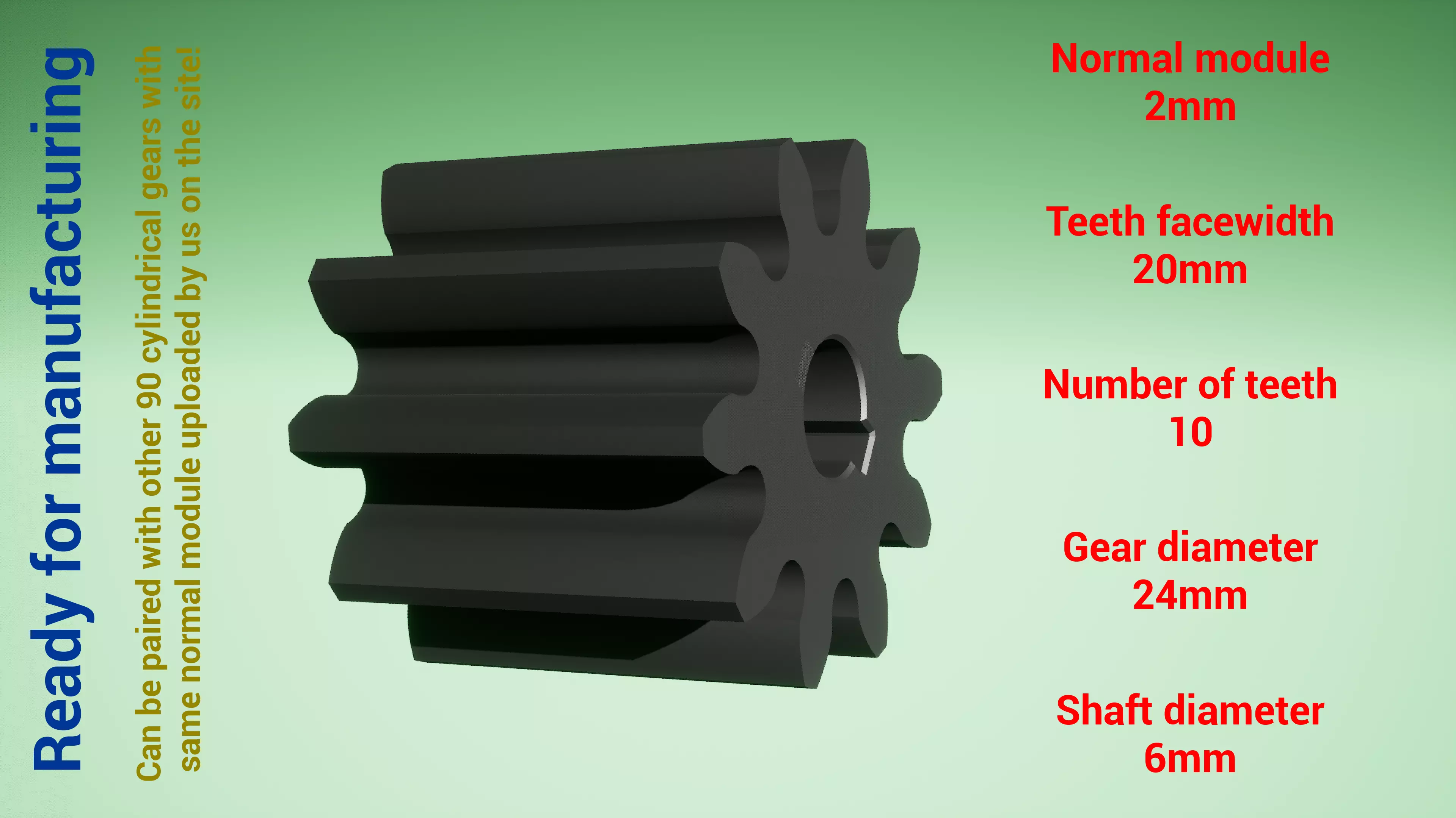 Cylindrical gear - paired - z10 m2 D24 d6 3D print model_0