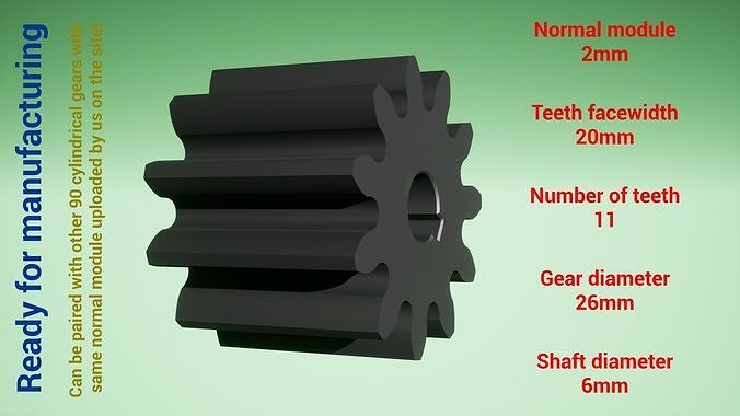 Cylindrical gear - paired - z11 m2 D26 d6 3D print model
