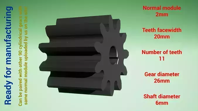 Cylindrical gear - paired - z11 m2 D26 d6 3D print model