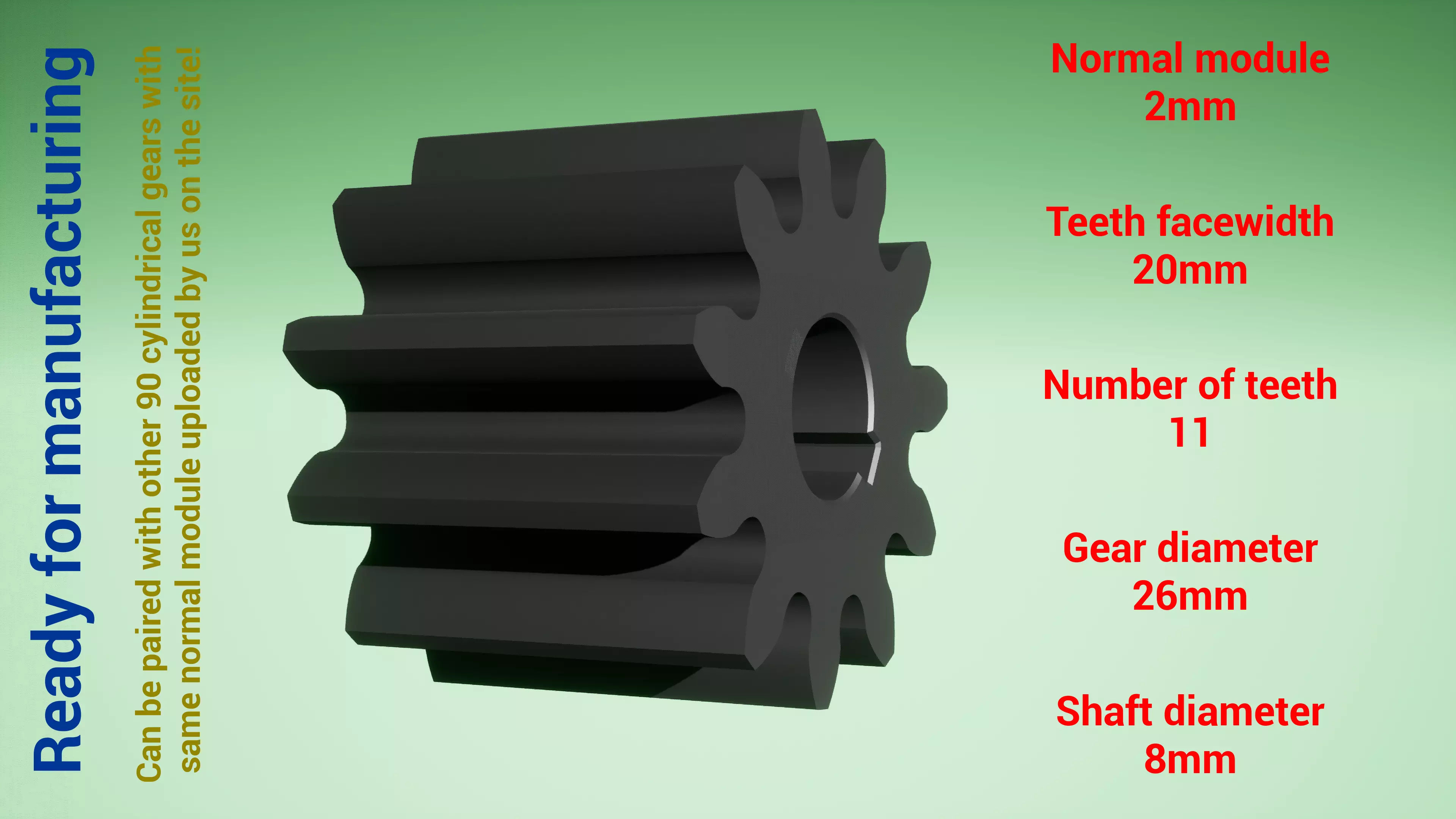 Cylindrical gear - paired - z11 m2 D26 d8 3D print model_0