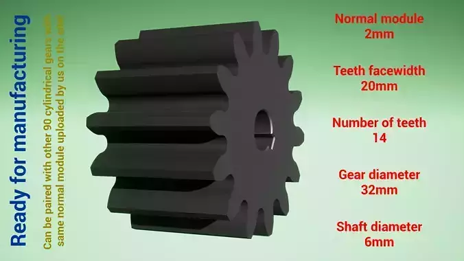 Cylindrical gear - paired - z14 m2 D32 d6 3D print model