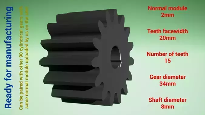 Cylindrical gear - paired - z15 m2 D34 d8 3D print model