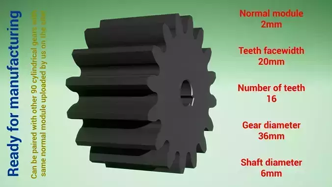 Cylindrical gear - paired - z16 m2 D36 d6 3D print model