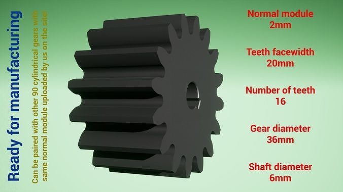 Cylindrical gear - paired - z16 m2 D36 d6 3D print model
