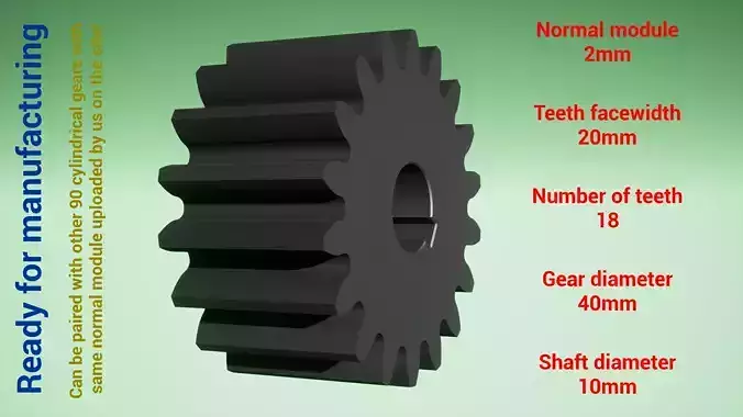 Cylindrical gear - paired - z18 m2 D40 d10 3D print model
