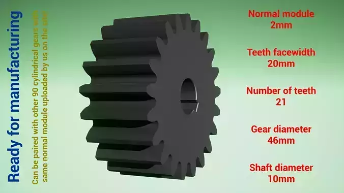 Cylindrical gear - paired - z21 m2 D46 d10 3D print model