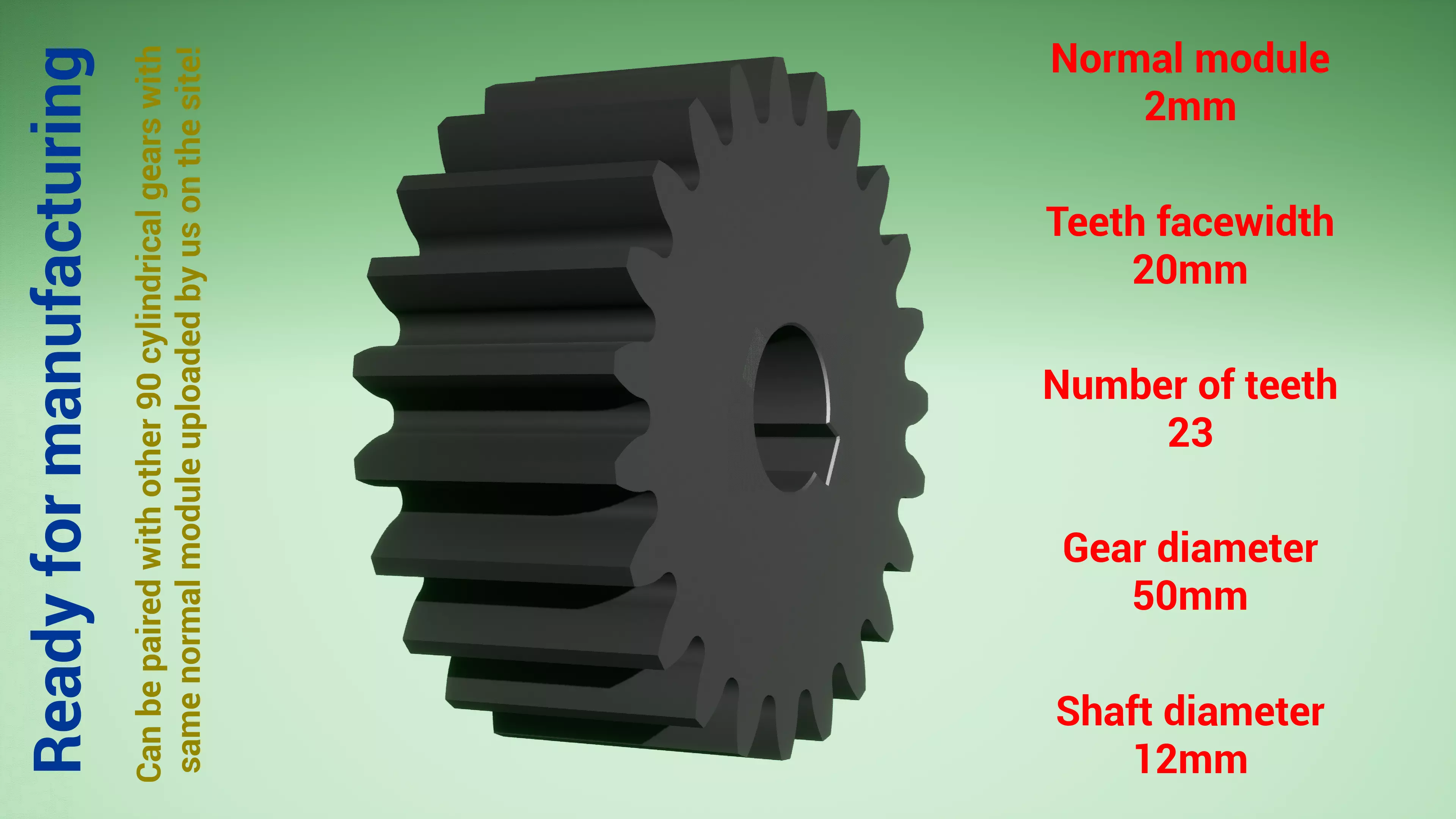 Cylindrical gear - paired - z23 m2 D50 d12 3D print model_0