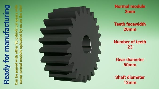 Cylindrical gear - paired - z23 m2 D50 d12 3D print model