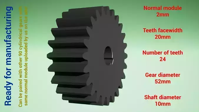 Cylindrical gear - paired - z24 m2 D52 d10 3D print model Cylindrical gear - paired - z24 m2 D52 d10 3D print model