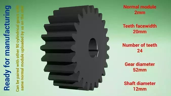 Cylindrical gear - paired - z24 m2 D52 d12 3D print model