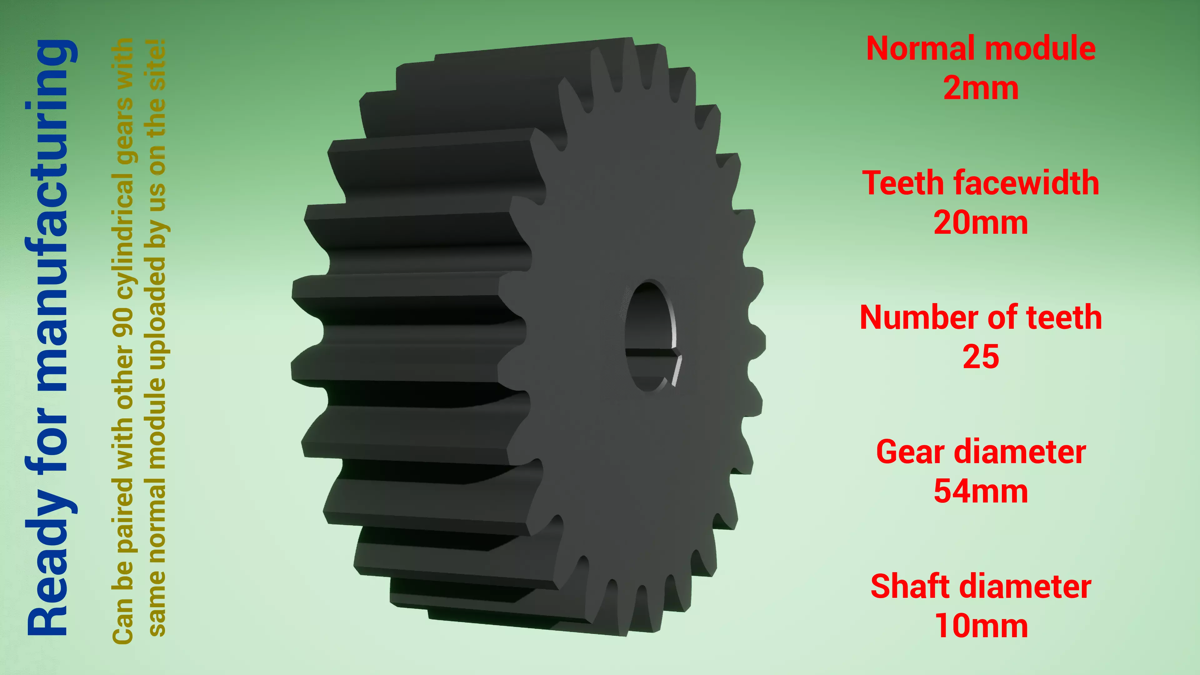 Cylindrical gear - paired - z25 m2 D54 d10 3D print model_0