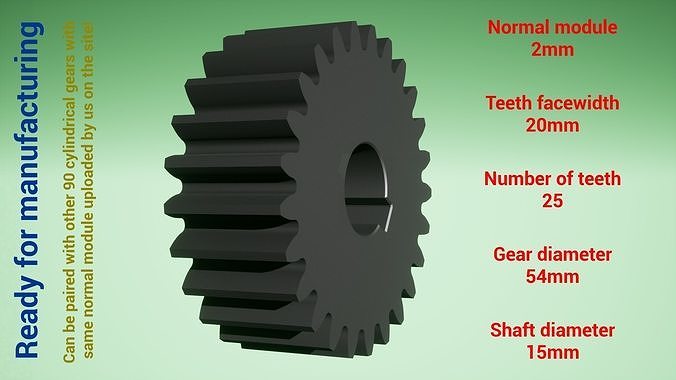 Cylindrical gear - paired - z25 m2 D54 d15 3D print model