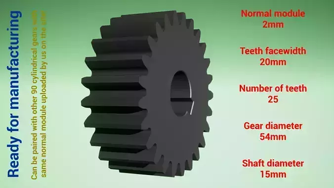 Cylindrical gear - paired - z25 m2 D54 d15 3D print model