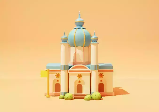 Church Cartoon with flag and bushes