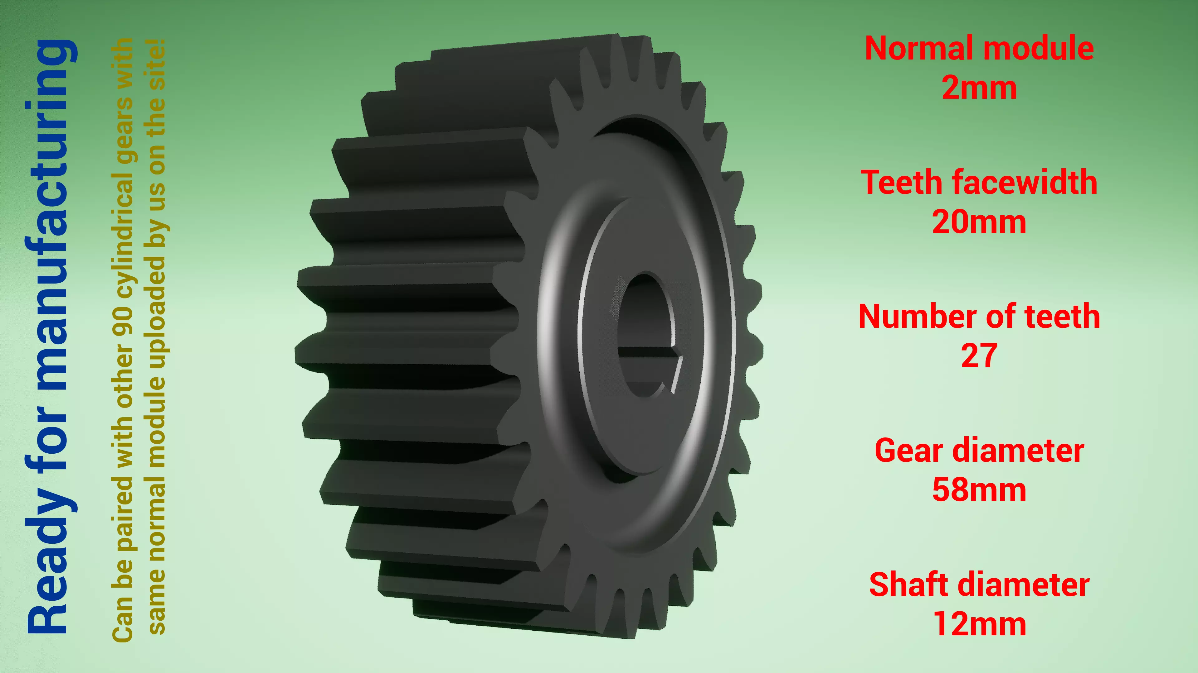 Cylindrical gear - paired - z27 m2 D58 d12 3D print model