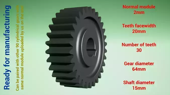 Cylindrical gear - paired - z30 m2 D64 d15 3D print model