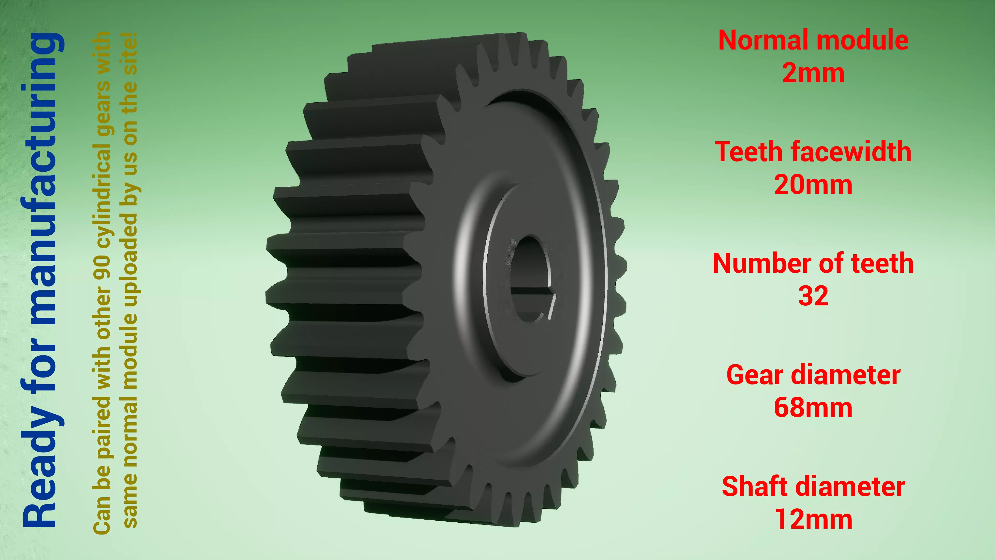 Cylindrical gear - paired - z32 m2 D68 d12 3D print model