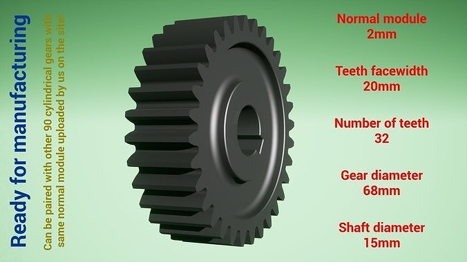 Cylindrical gear - paired - z32 m2 D68 d15 3D print model