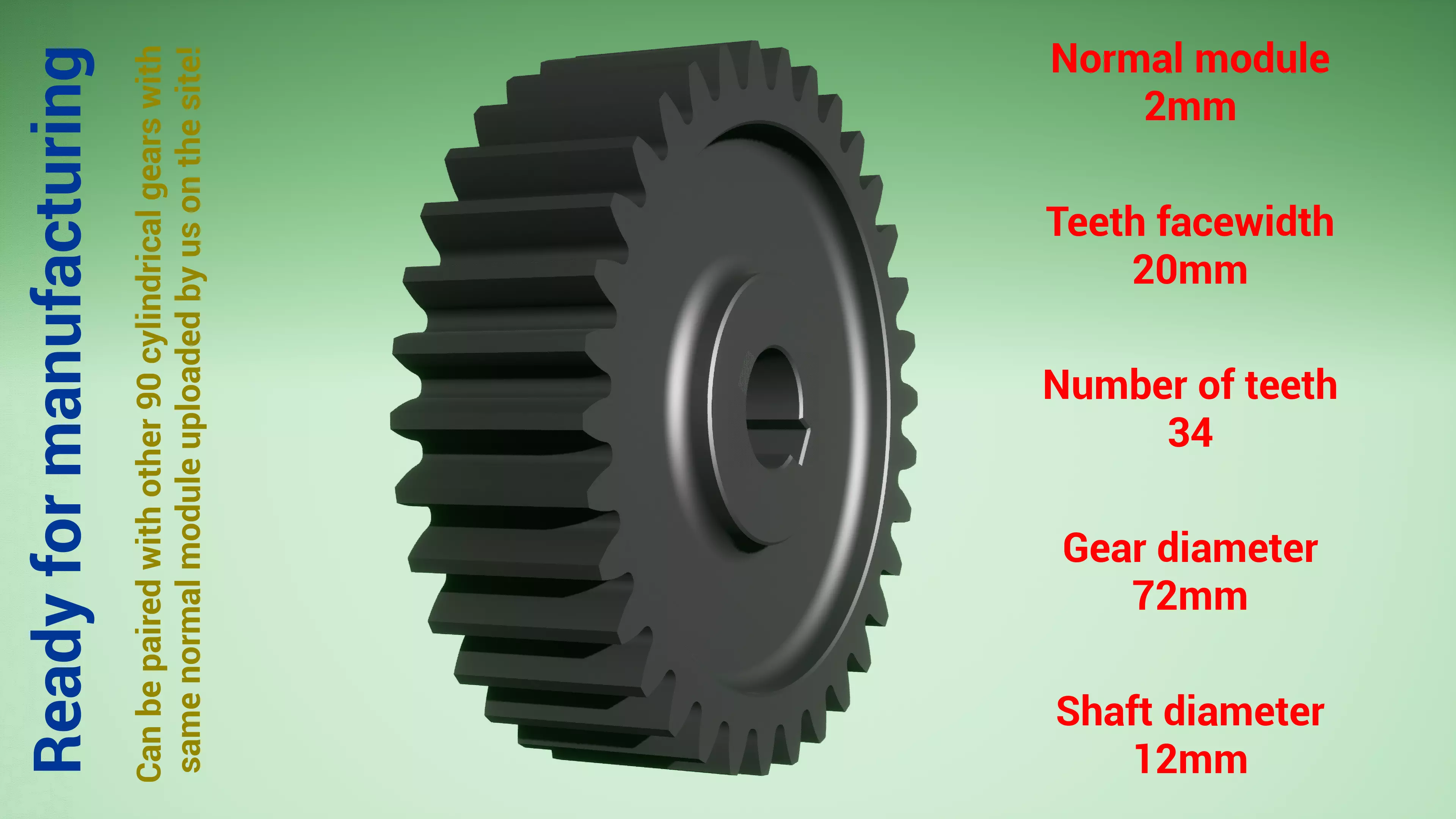 Cylindrical gear - paired - z34 m2 D72 d12 3D print model