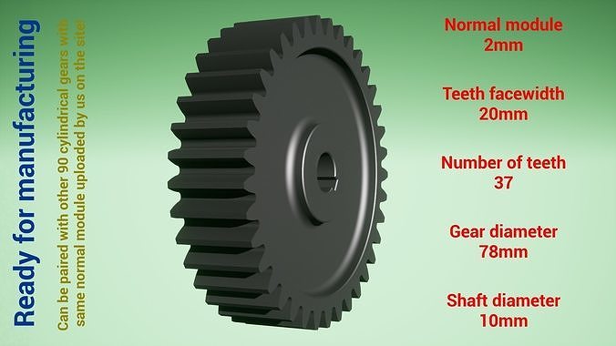 Cylindrical gear - paired - z37 m2 D78 d10 3D print model