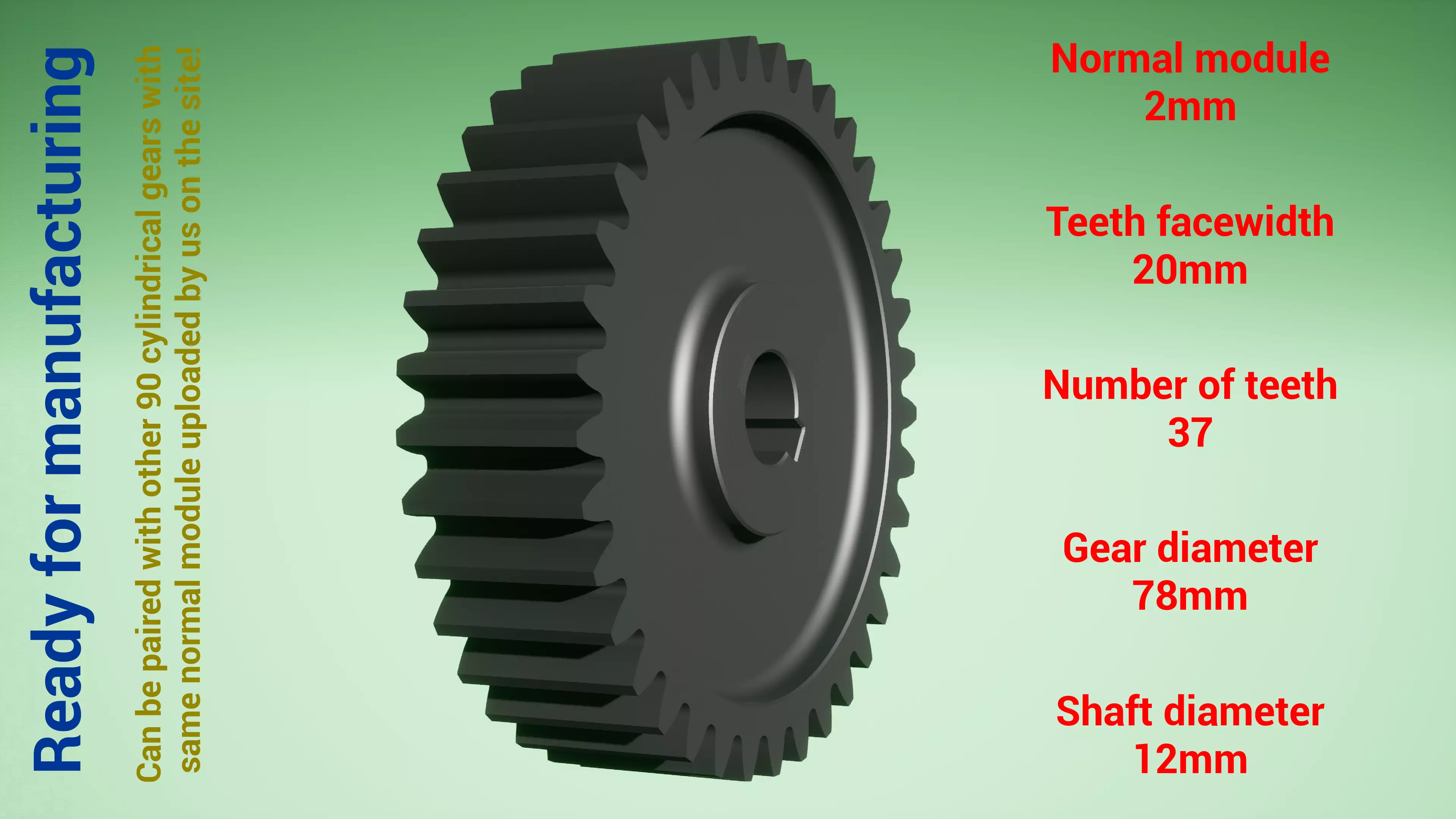 Cylindrical gear - paired - z37 m2 D78 d12 3D print model