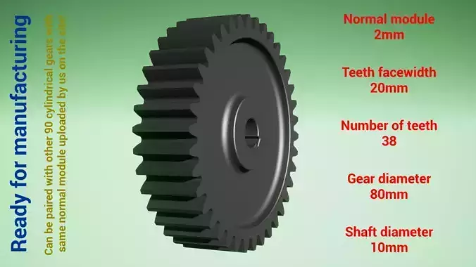 Cylindrical gear - paired - z38 m2 D80 d10 3D print model