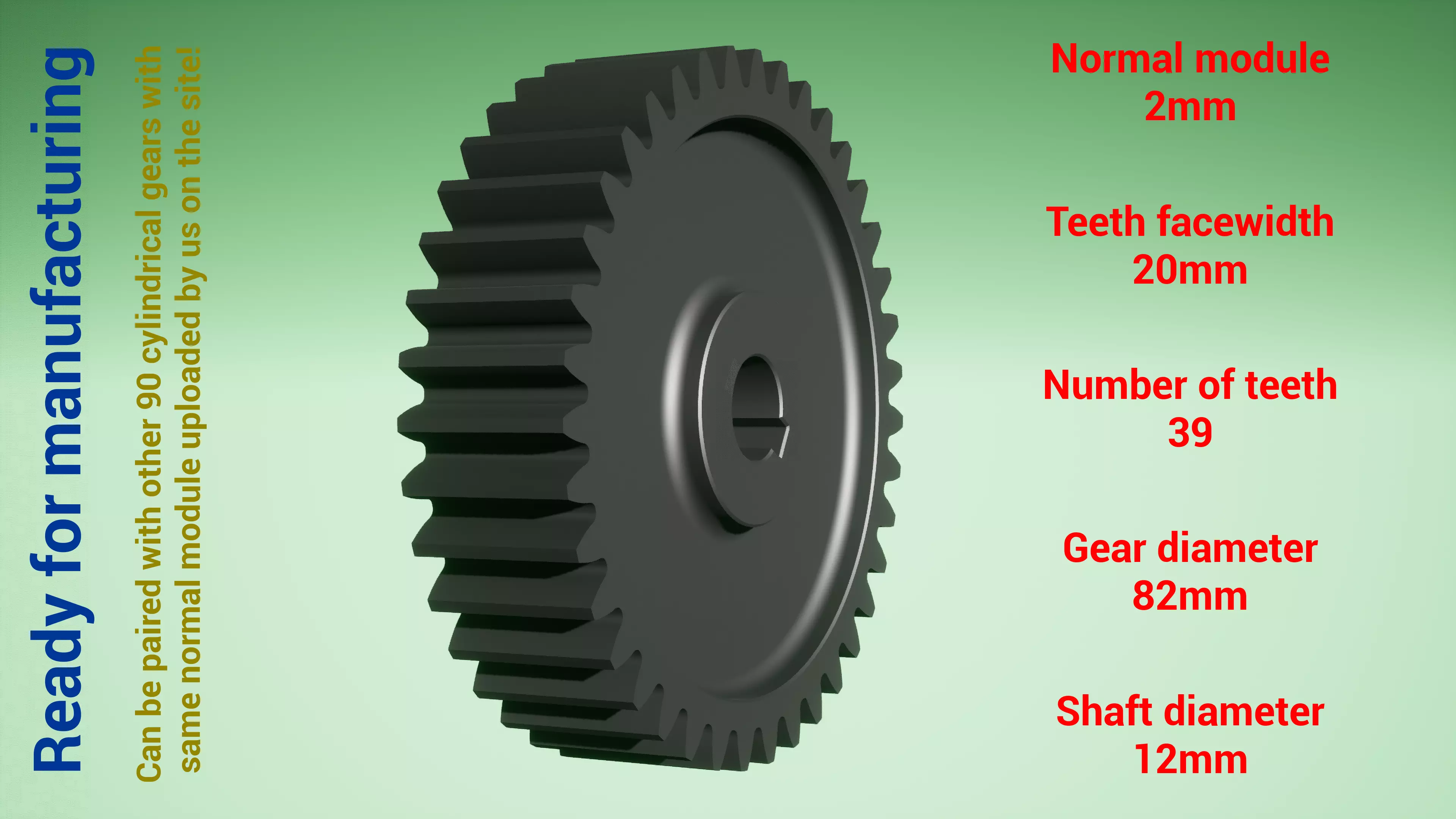Cylindrical gear - paired - z39 m2 D82 d12 3D print model