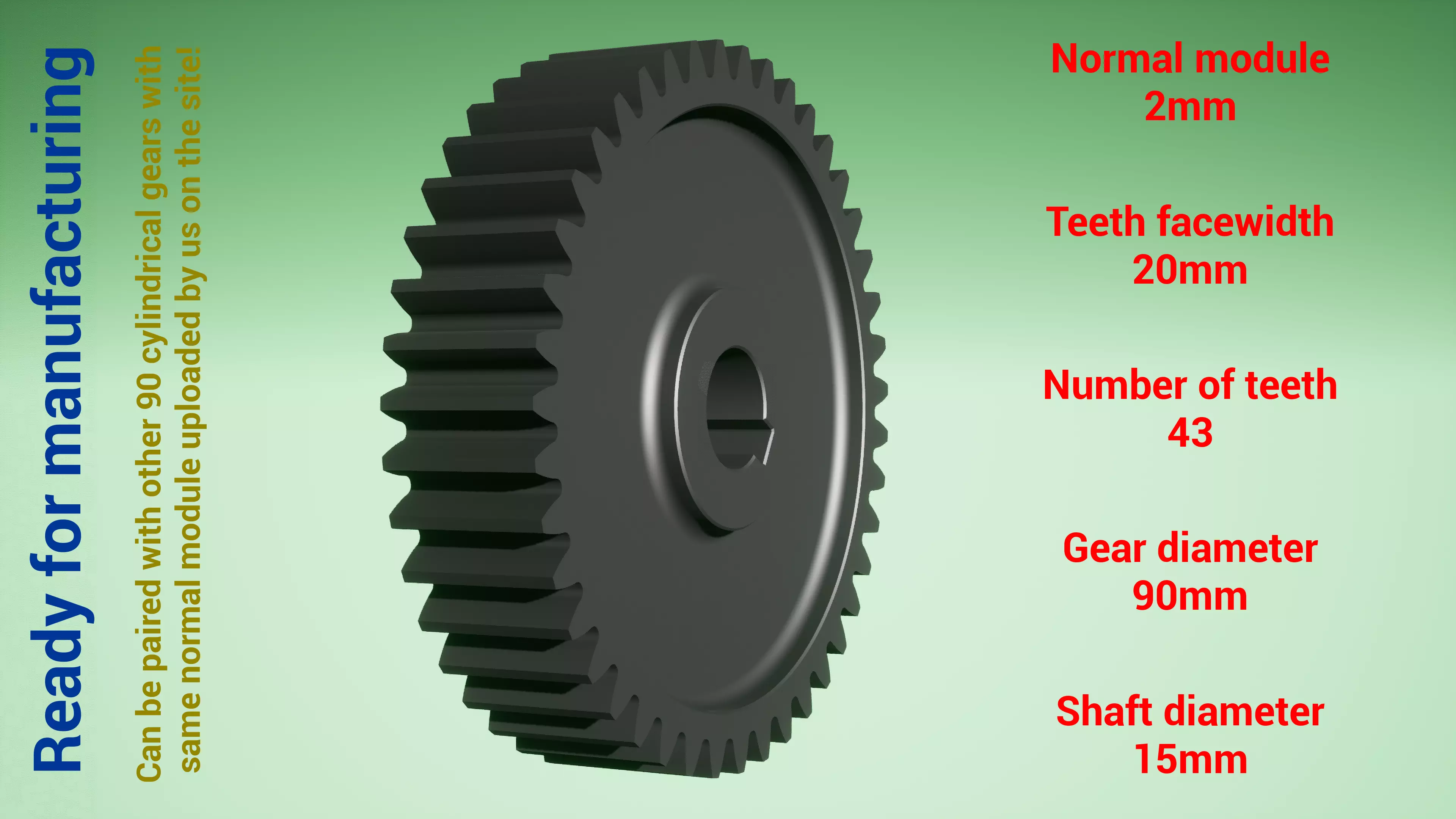 Cylindrical gear - paired - z43 m2 D90 d15 3D print model