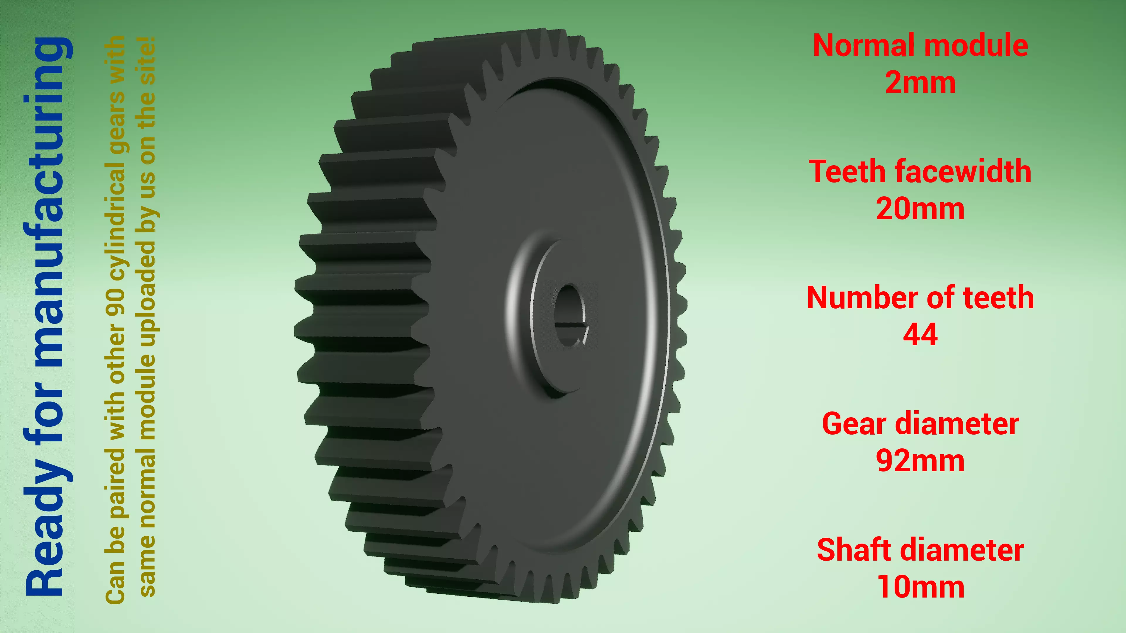 Cylindrical gear - paired - z44 m2 D92 d10 3D print model