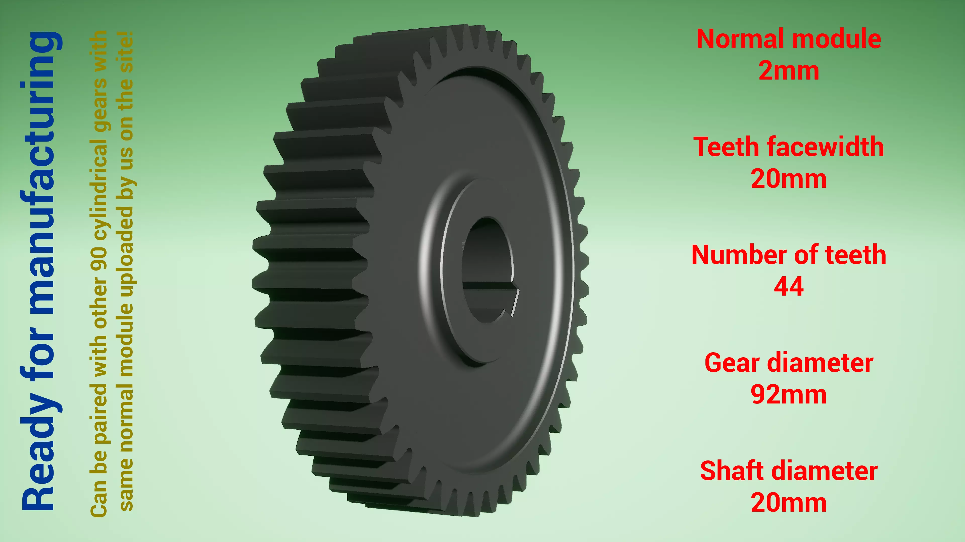 Cylindrical gear - paired - z44 m2 D92 d20 3D print model