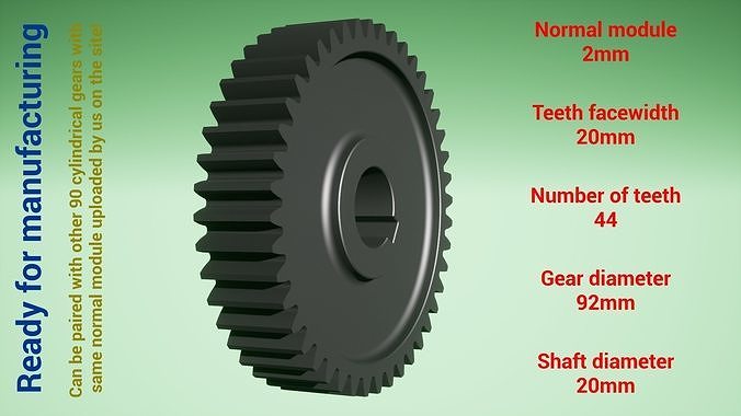 Cylindrical gear - paired - z44 m2 D92 d20 3D print model