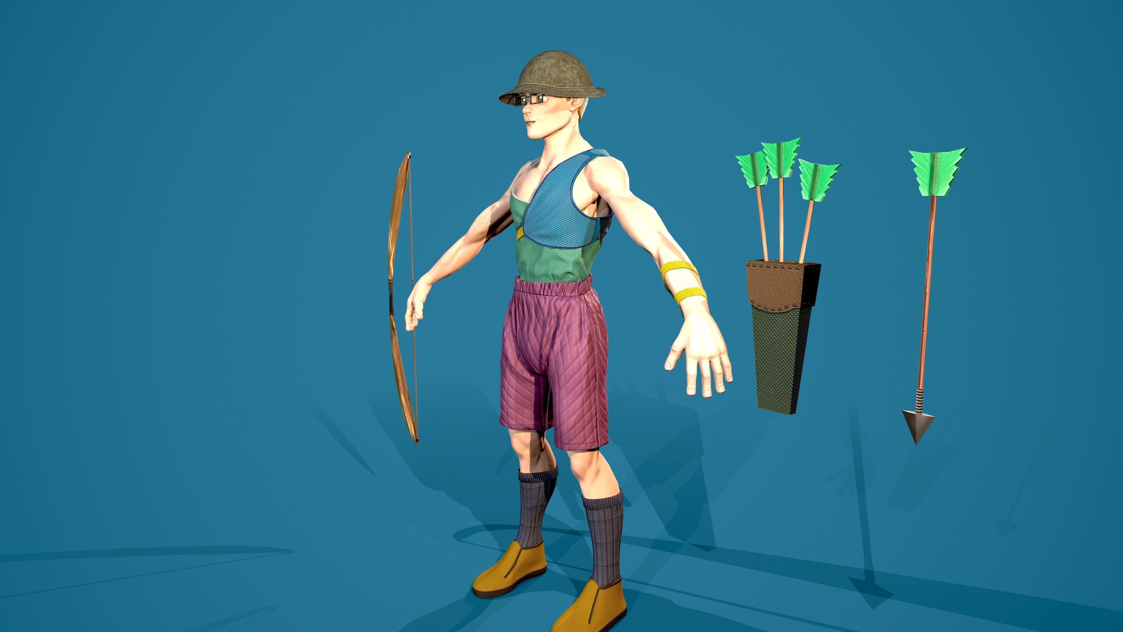 Archer man with bow and arrow Low-poly 3D model_8