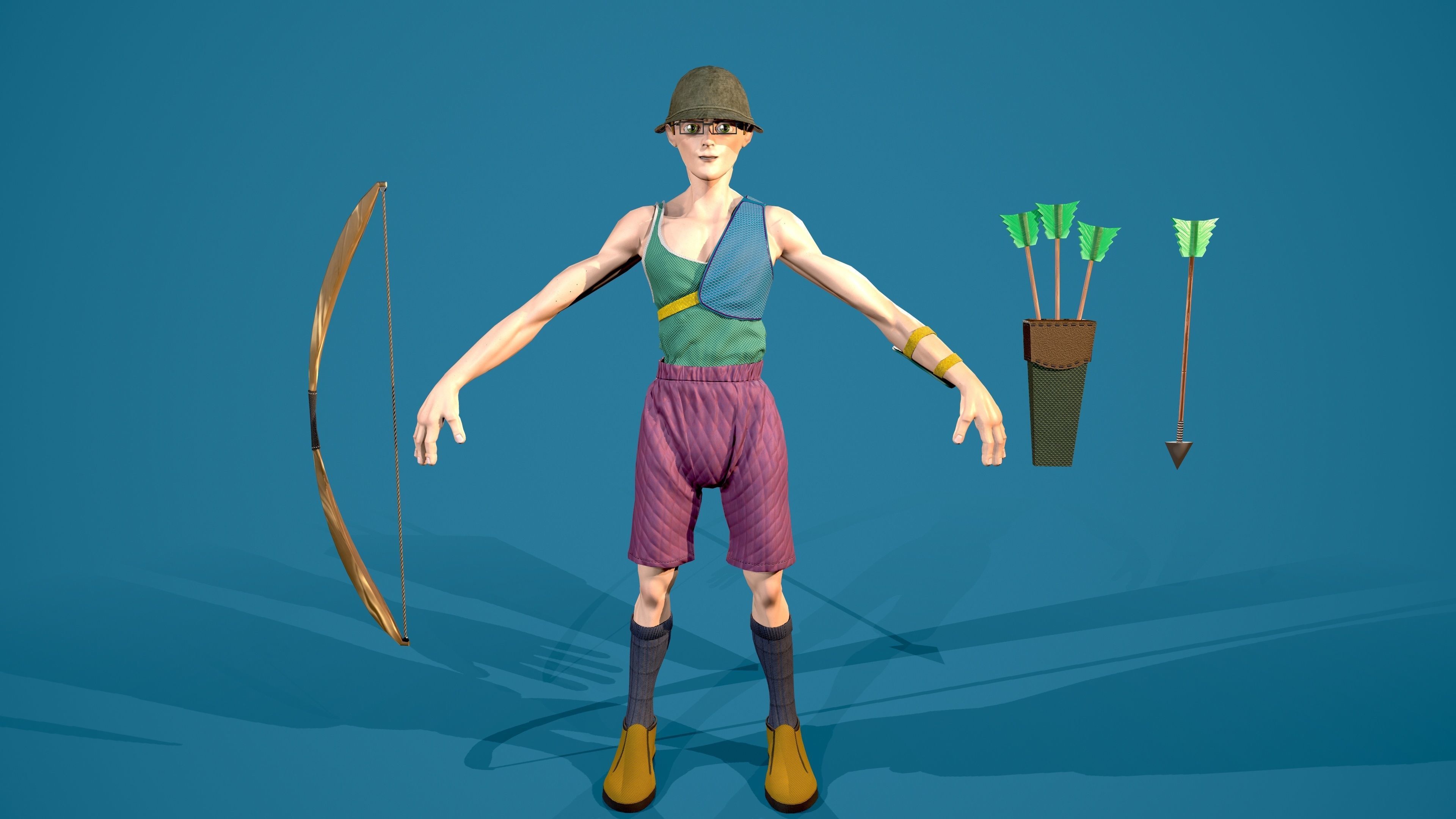 Archer man with bow and arrow Low-poly 3D model_1