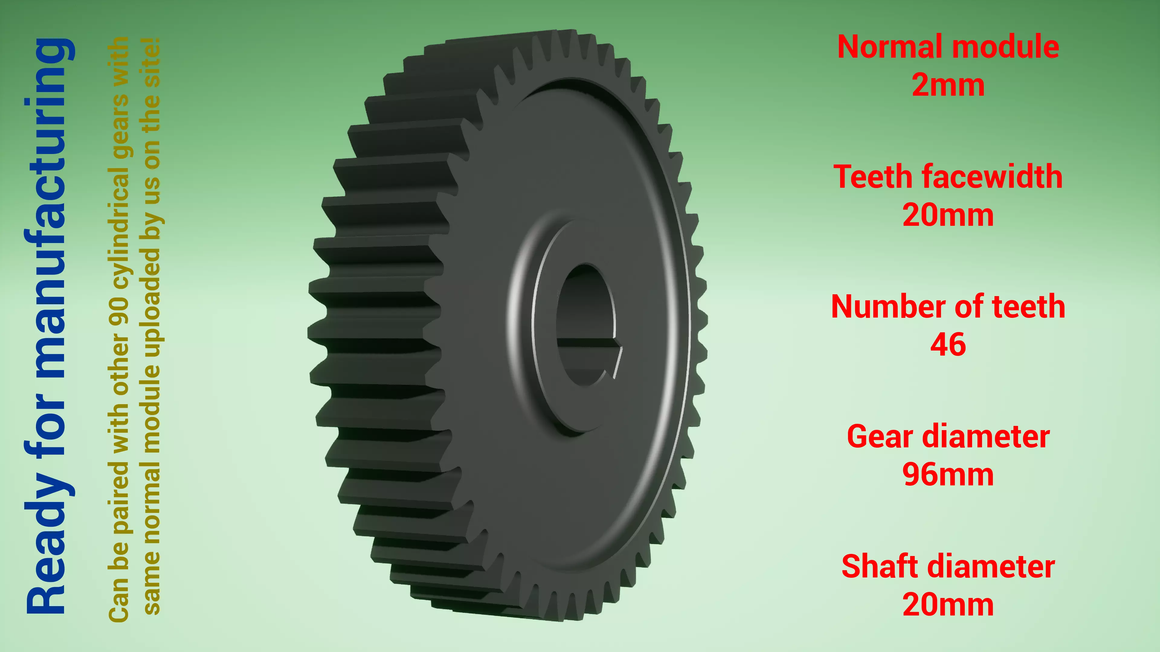 Cylindrical gear - paired - z46 m2 D96 d20 3D print model
