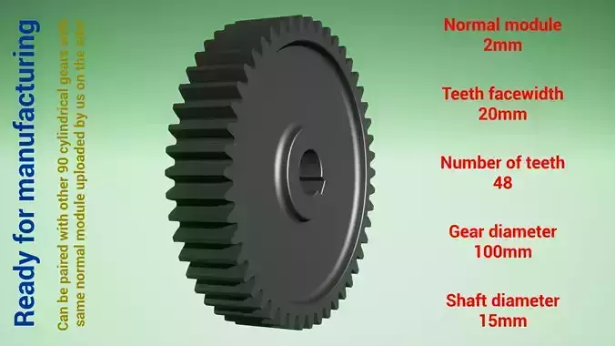 Cylindrical gear - paired - z48 m2 D100 d15 3D print model