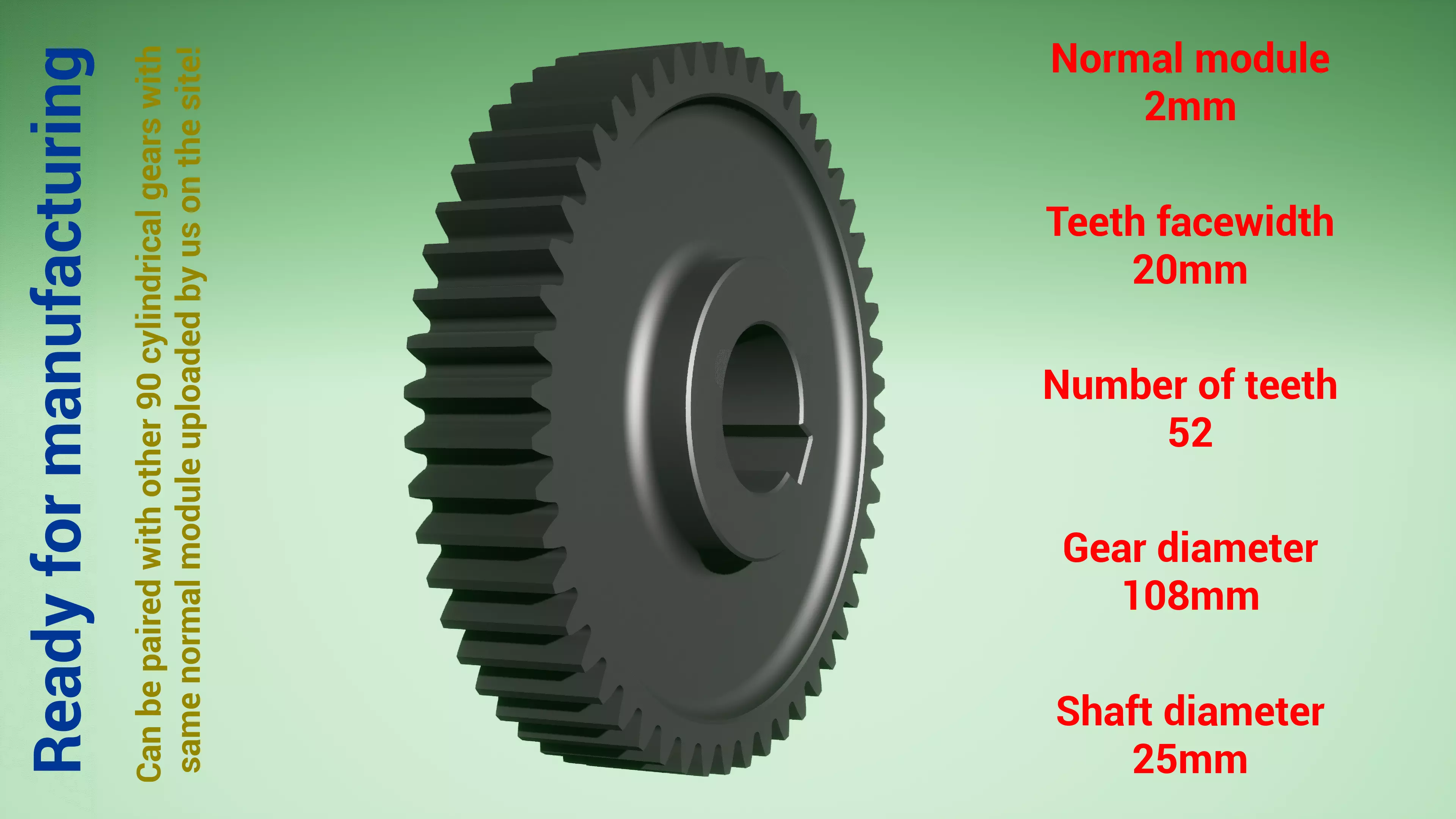 Cylindrical gear - paired - z52 m2 D108 d25 3D print model