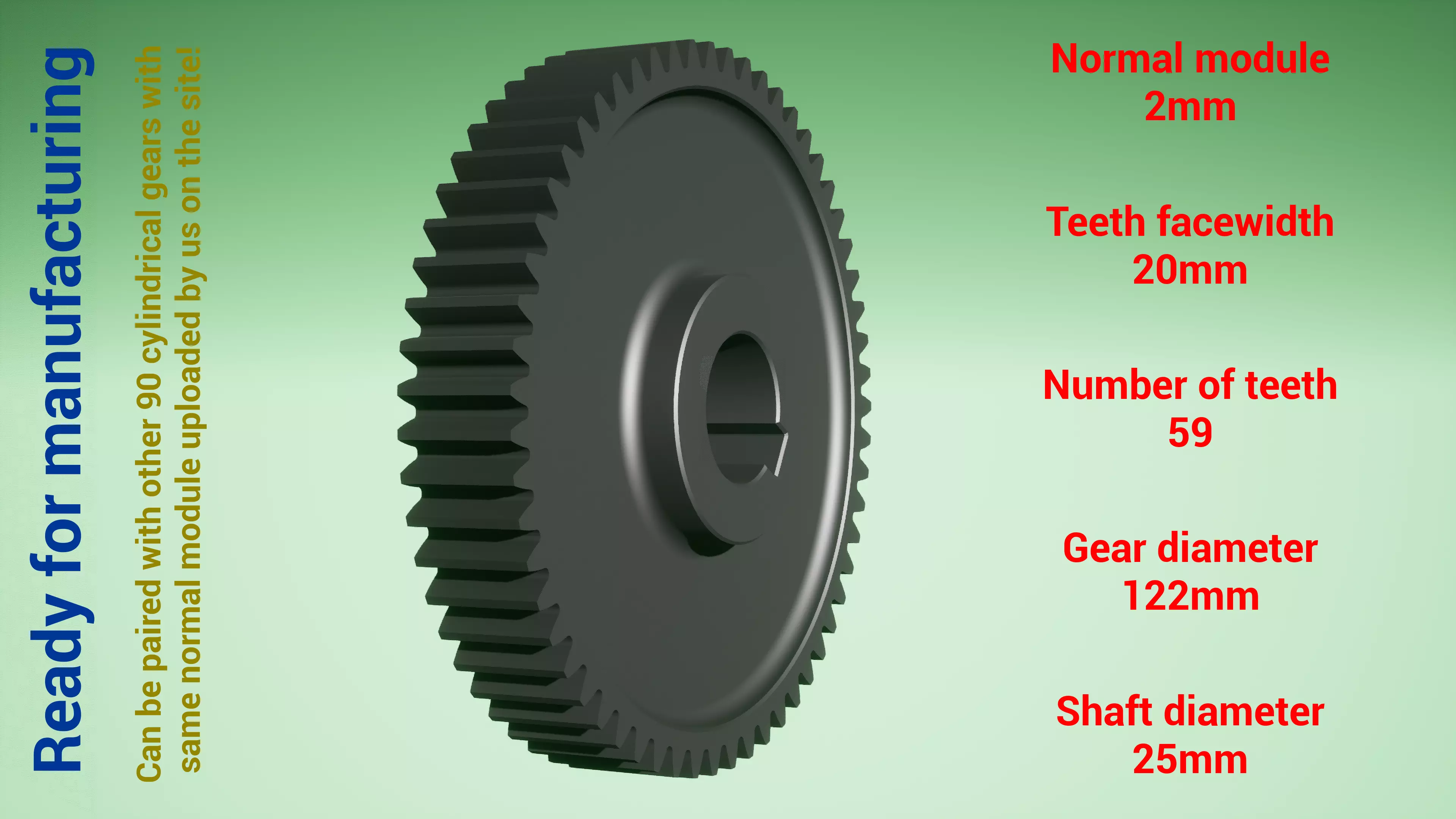 Cylindrical gear - paired - z59 m2 D122 d25 3D print model