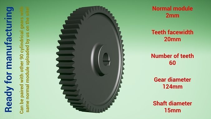 Cylindrical gear - paired - z60 m2 D124 d15 3D print model