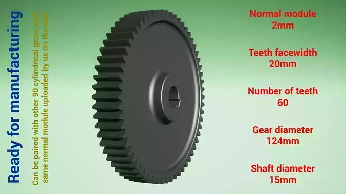 Cylindrical gear - paired - z60 m2 D124 d15 3D print model