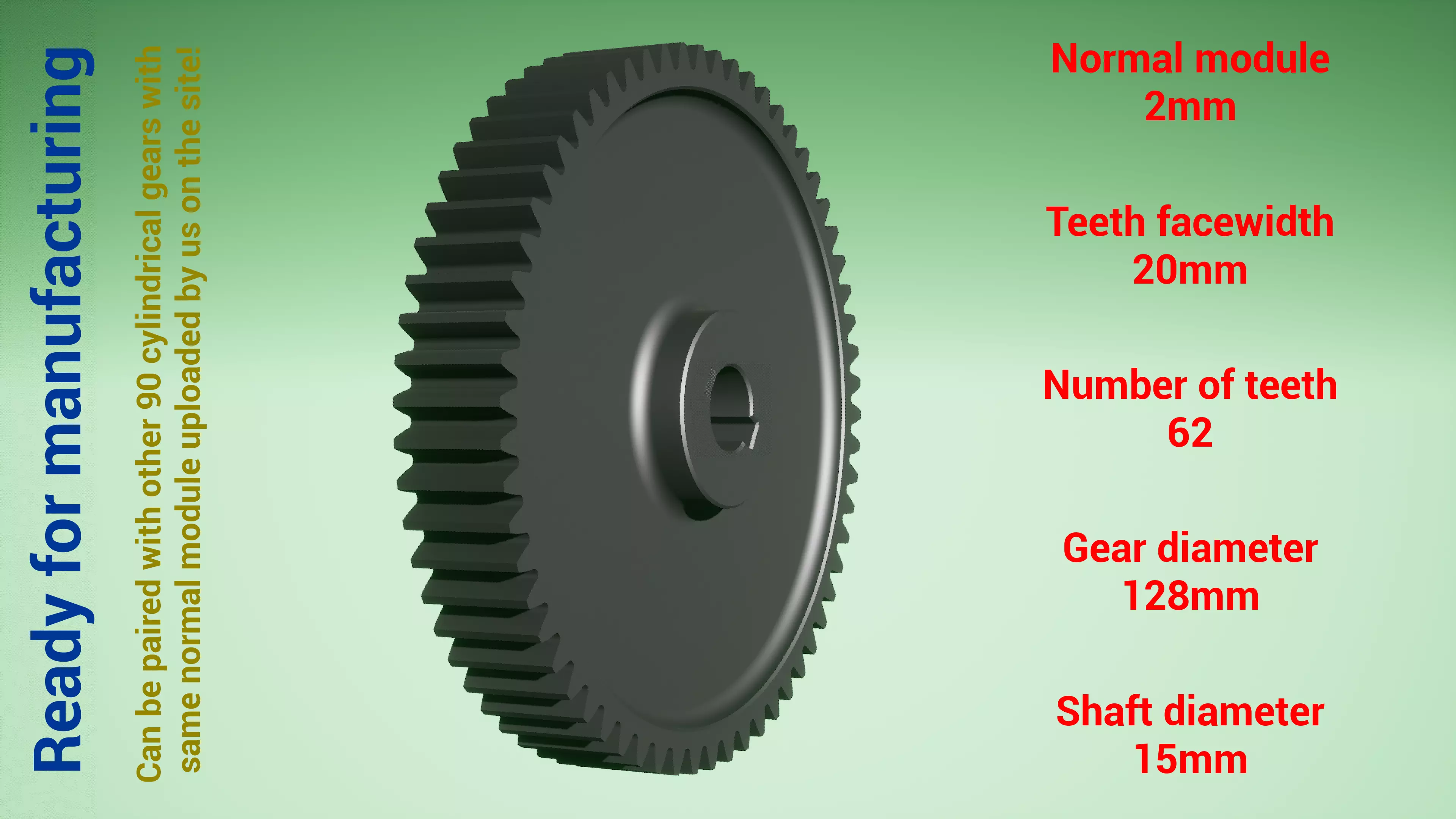 Cylindrical gear - paired - z62 m2 D128 d15 3D print model_0