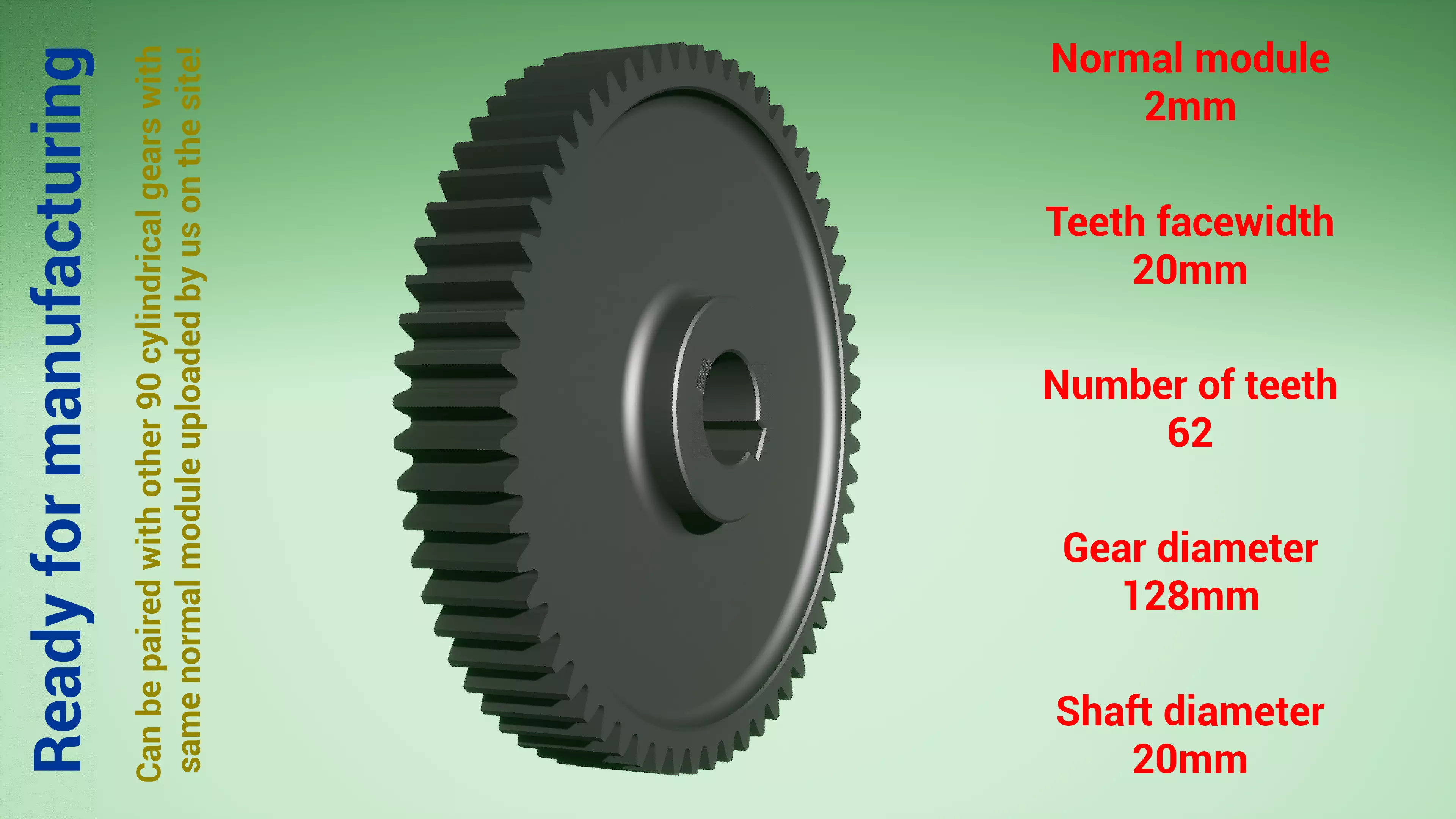 Cylindrical gear - paired - z62 m2 D128 d20 3D print model