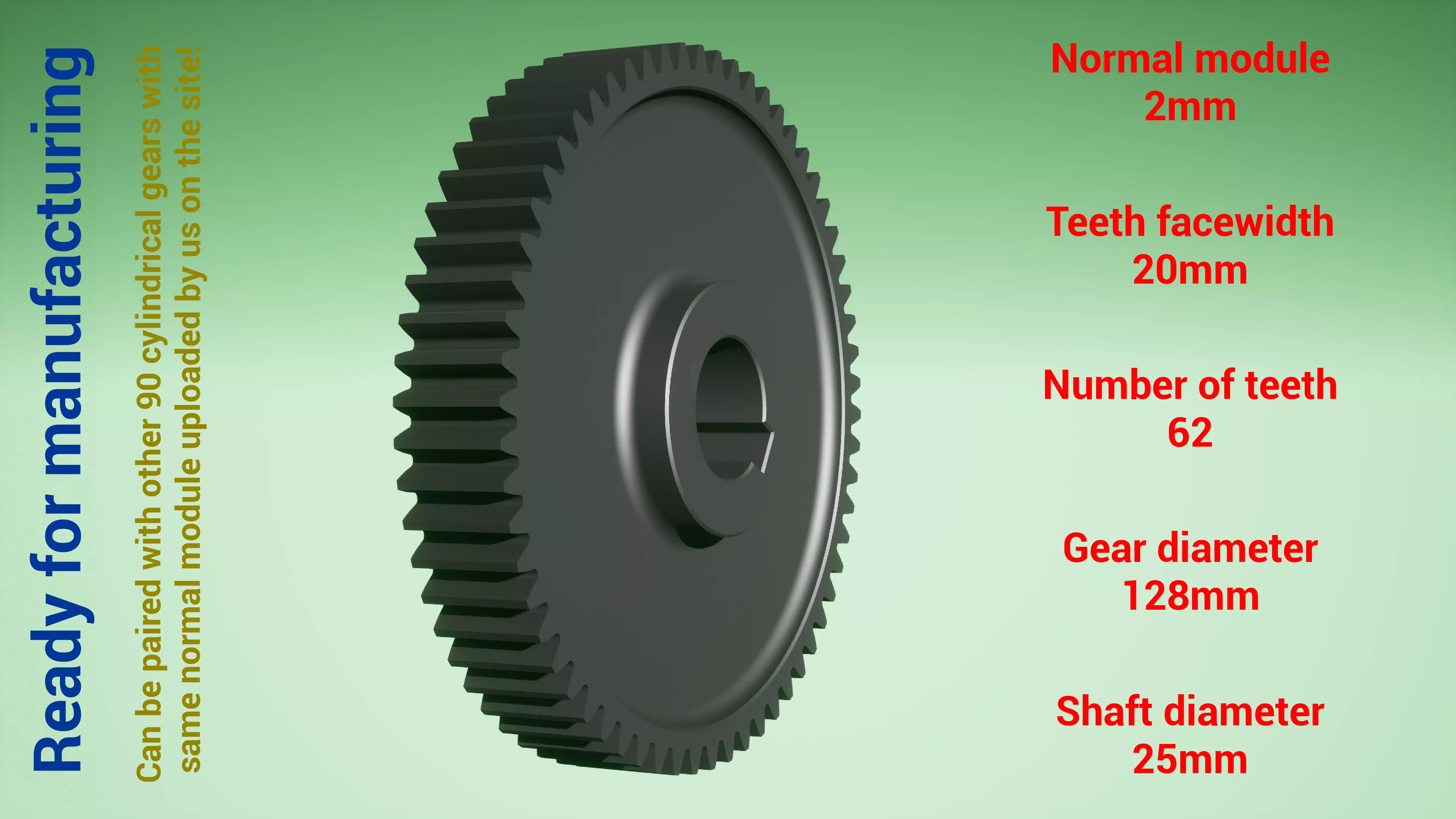 Cylindrical gear - paired - z62 m2 D128 d25 3D print model
