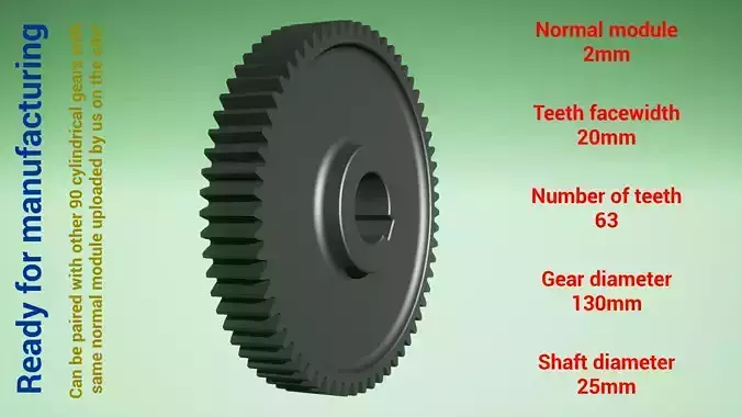 Cylindrical gear - paired - z63 m2 D130 d25 3D print model