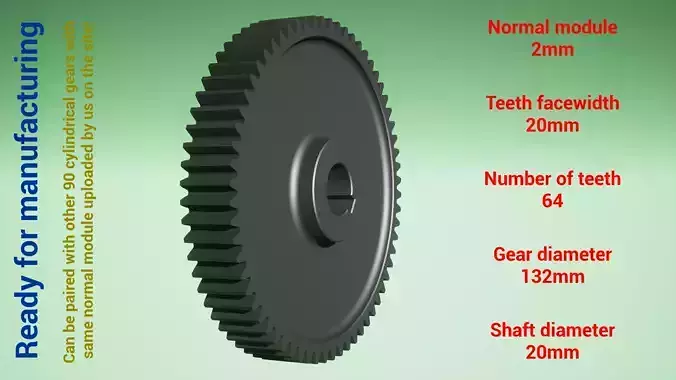 Cylindrical gear - paired - z64 m2 D132 d20